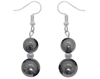 Double earrings hematite beads made of natural stone and surgical steel gilded or silvered