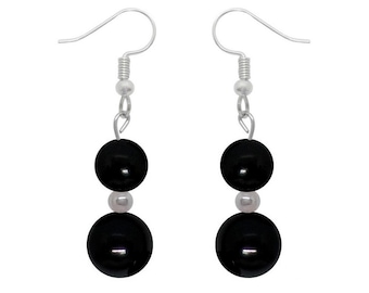 Hanging earrings double pearls of black agate onyx in natural stone and surgical steel gilded or silver