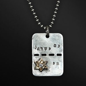 Israel Dog Tag Sterling Silver with Yellow Gold White Diamond Necklace Made in Israel &quot;Am Yisrael Chai&quot;  Necklace Handmade in Israel