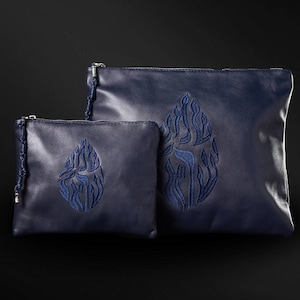 Tallit & Tefillin Bag Embroidered Shema Yisrael in Navy Smooth Leather Set for Jewish Prayer Shawl 100% Kosher, Judaica Gift Made in Israel