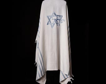 Tallit Am Israel Hai Sky Blue Prayer Shawl for Men | Handmade Embroidery