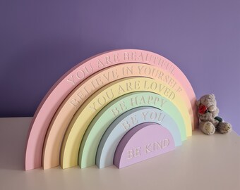 Personalised wooden rainbow,  positive affirmations for kids, Christening gifts for girls, naming ceremony gift, rainbow baby gift,