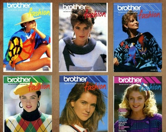 May include: Six different covers of Brother Knitting Machine Fashion magazines. The covers feature models wearing colourful knitted sweaters and hats. The magazines are from volumes 9, 10, 11, 12, 13, and 15.