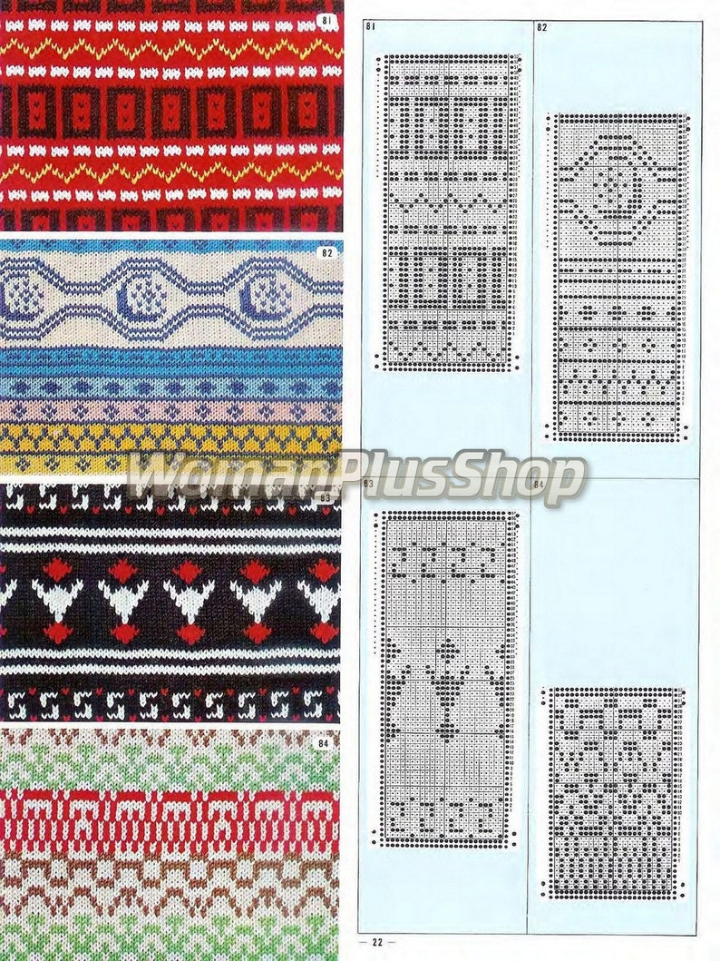 May include: Knitting pattern chart with four different designs. The first design is a red and white geometric pattern. The second design is a blue and white pattern with a crescent moon shape. The third design is a black, white, and red pattern with a stylized bird shape. The fourth design is a green, white, and red pattern with a geometric shape.