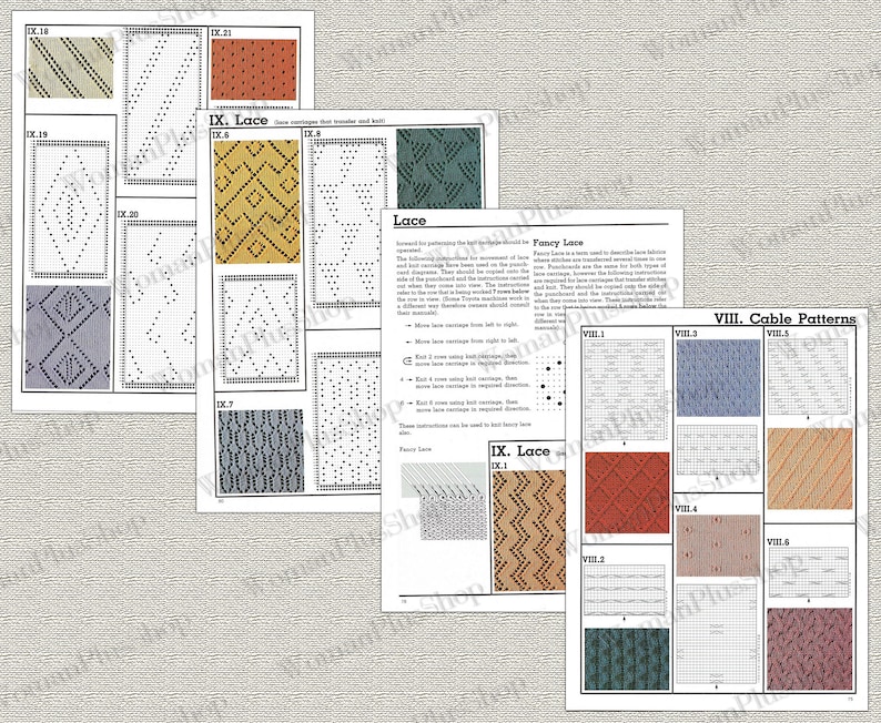May include: A knitting pattern book with instructions for lace and cable patterns. The book features color images of the different stitches and patterns.