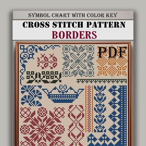 May include: A framed cross stitch pattern chart with the text "SYMBOL CHART WITH COLOR KEY" and "CROSS STITCH PATTERN BORDERS". The chart features various border designs in blue, red, orange, and green, with the letters "PDF" in the upper right corner.
