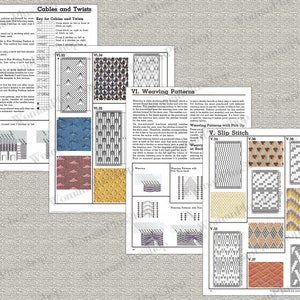 May include: A knitting pattern guide with instructions for cables, twists, and weaving stitches. The guide includes diagrams and illustrations of different stitch patterns, including V-stitch, slip stitch, and pick-up stitch.