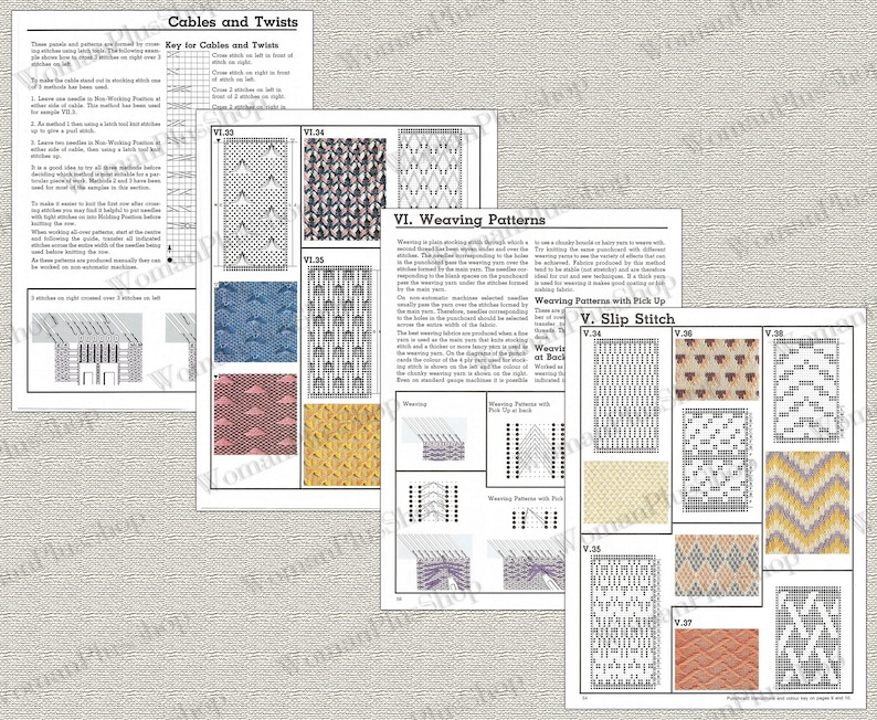 May include: A knitting pattern guide with instructions for cables, twists, and weaving stitches. The guide includes diagrams and illustrations of different stitch patterns, including V-stitch, slip stitch, and pick-up stitch.