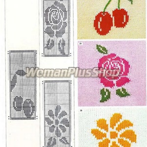May include: Knitting pattern chart with four different flower designs. The designs include a rose, a cherry, a daisy, and a sunflower. The chart is in black and white and shows the stitches for each design.