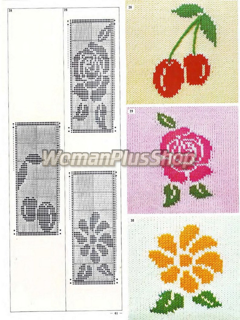May include: Knitting pattern chart with four different flower designs. The designs include a rose, a cherry, a daisy, and a sunflower. The chart is in black and white and shows the stitches for each design.