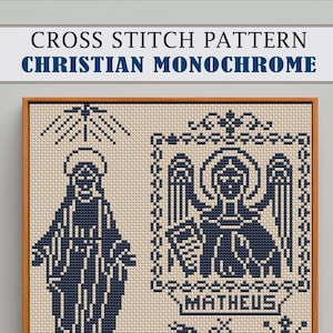 May include: A framed cross-stitch pattern with a Christian monochrome design. The artwork features dark blue figures on a cream background. The text at the top reads "CROSS STITCH PATTERN" and "CHRISTIAN MONOCHROME". The design includes religious figures and the name "MATHEUS".