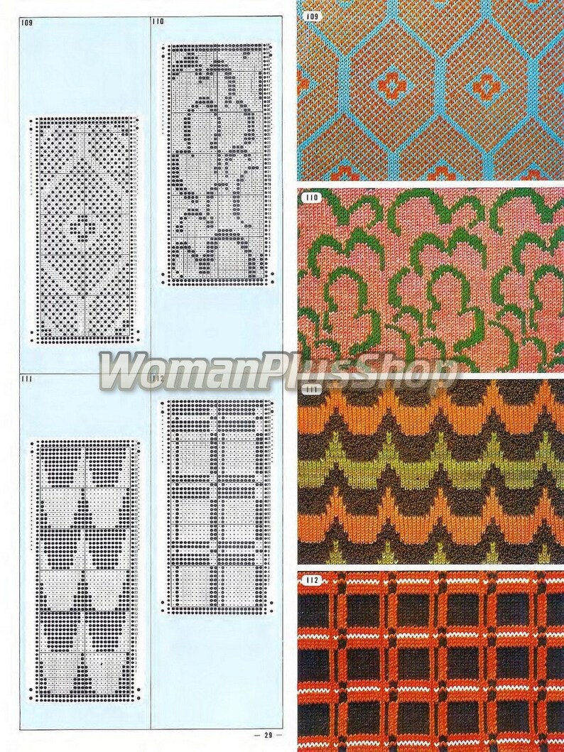 May include: A page from a knitting pattern book with four different knitting patterns. The patterns are numbered 109, 110, 111, and 112. The patterns are for a geometric design, a floral design, a wave design, and a plaid design.