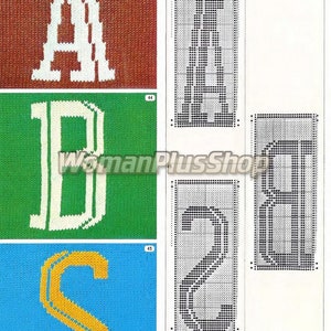 May include: Knitting pattern chart for the letters A, B, and S. The chart is divided into squares, with each square representing a stitch. The letters are shown in black and white, with the black squares representing knit stitches and the white squares representing purl stitches.