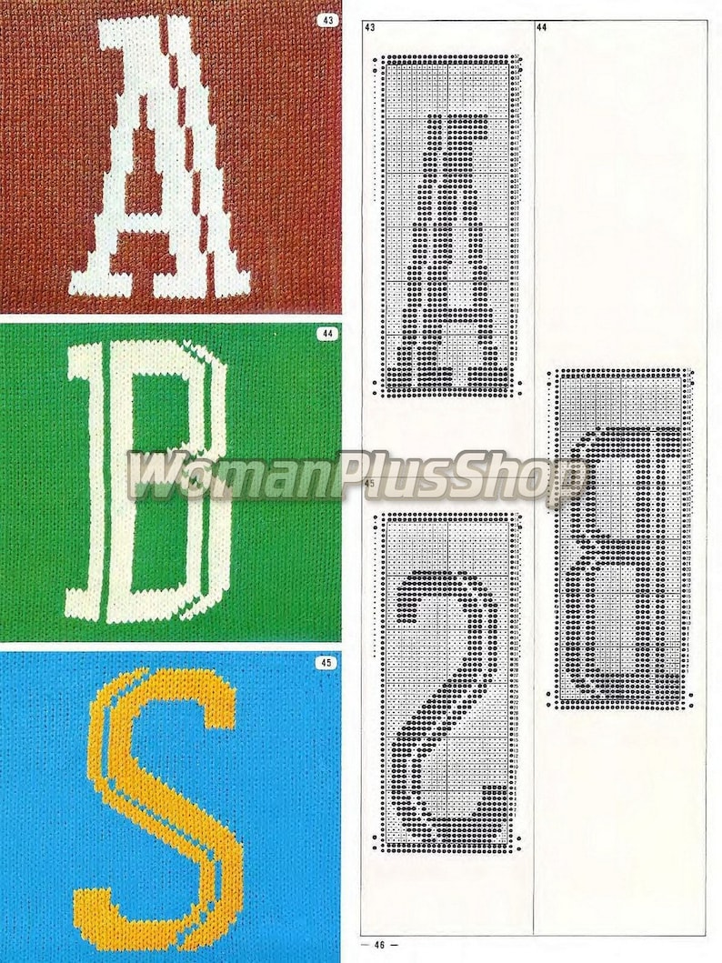 May include: Knitting pattern chart for the letters A, B, and S. The chart is divided into squares, with each square representing a stitch. The letters are shown in black and white, with the black squares representing knit stitches and the white squares representing purl stitches.