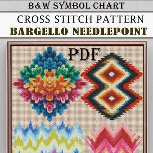 Op de afbeelding: Een ingelijste kruissteekpatroontabel met de tekst "B&W Symbol Chart", "Cross Stitch Pattern" en "Bargello Needlepoint". De tabel bevat kleurrijke geometrische ontwerpen en de letters "PDF".