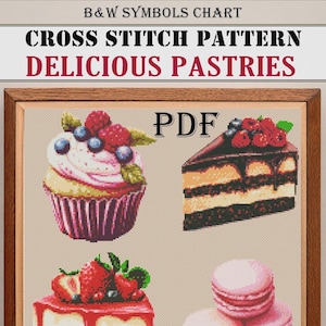 May include: Cross stitch pattern featuring images of delicious pastries, including a cupcake, a slice of cake, and a macaron. The text "B&W Symbols Chart", "Cross Stitch Pattern", and "Delicious Pastries" are displayed at the top. The word "PDF" is also visible.