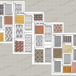 May include: A collection of knitting stitch patterns, including V. Slip Stitch, IV.15, IV.16, IV.17, IV.18, and IV.19. The patterns are shown in black and white, and some are also shown in color.