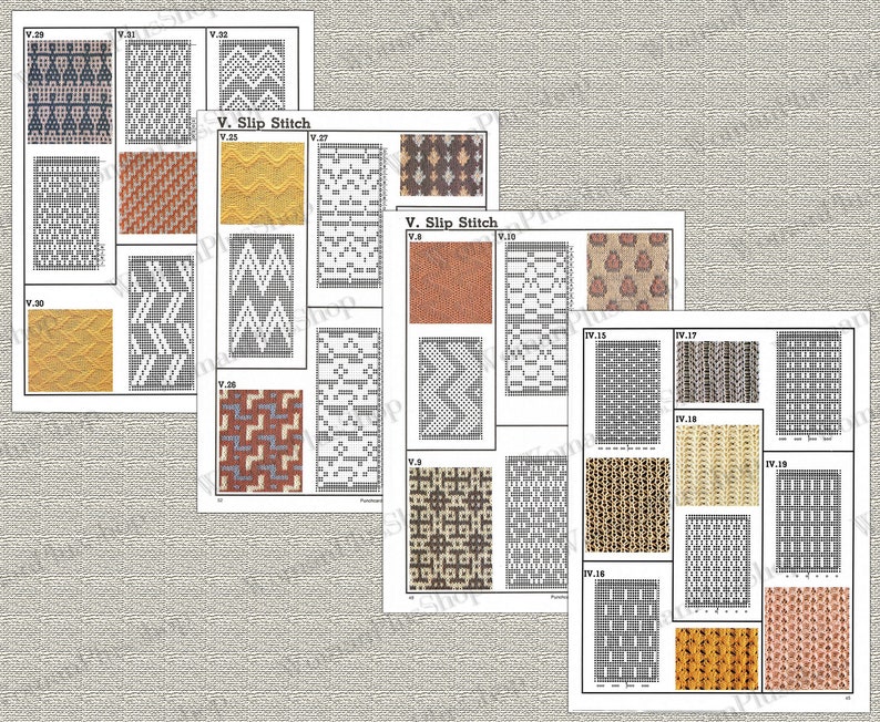 May include: A collection of knitting stitch patterns, including V. Slip Stitch, IV.15, IV.16, IV.17, IV.18, and IV.19. The patterns are shown in black and white, and some are also shown in color.