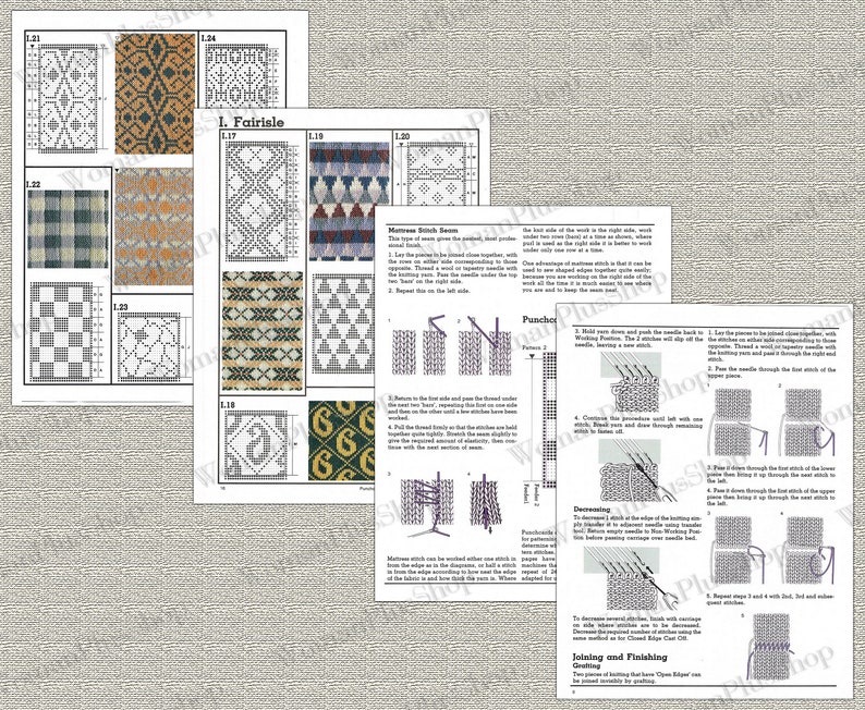 May include: A close-up of a printed page with instructions for knitting and punch needle embroidery. The page includes diagrams and text explaining the different stitches and techniques. The text includes the words "Fairisle", "Matinee Stitch", "Punch Needle", and "Joining and Finishing".