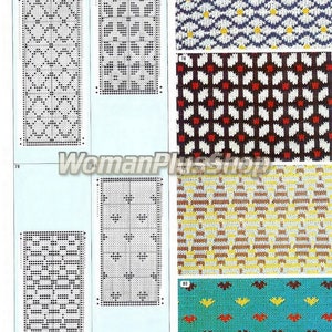 May include: A page from a knitting pattern book showing different knitting stitch patterns. The patterns are shown in black and white diagrams and in color swatches. The page numbers are 77, 78, 79, and 80.