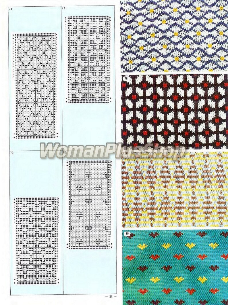 May include: A page from a knitting pattern book showing different knitting stitch patterns. The patterns are shown in black and white diagrams and in color swatches. The page numbers are 77, 78, 79, and 80.
