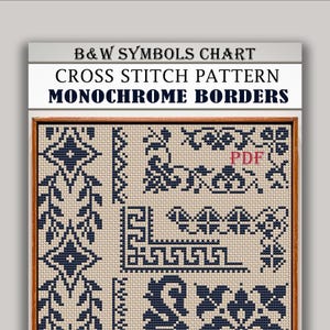 May include: A cross stitch pattern chart with the text "B&W Symbols Chart", "Cross Stitch Pattern", and "Monochrome Borders". The pattern features navy blue geometric and floral border designs on a beige background. The PDF logo is visible.