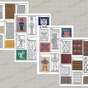 May include: A collection of knitting patterns featuring various motifs, including a butterfly, a soldier, a football player, and a ship. The patterns are presented in a grid format with numbers and letters for reference.