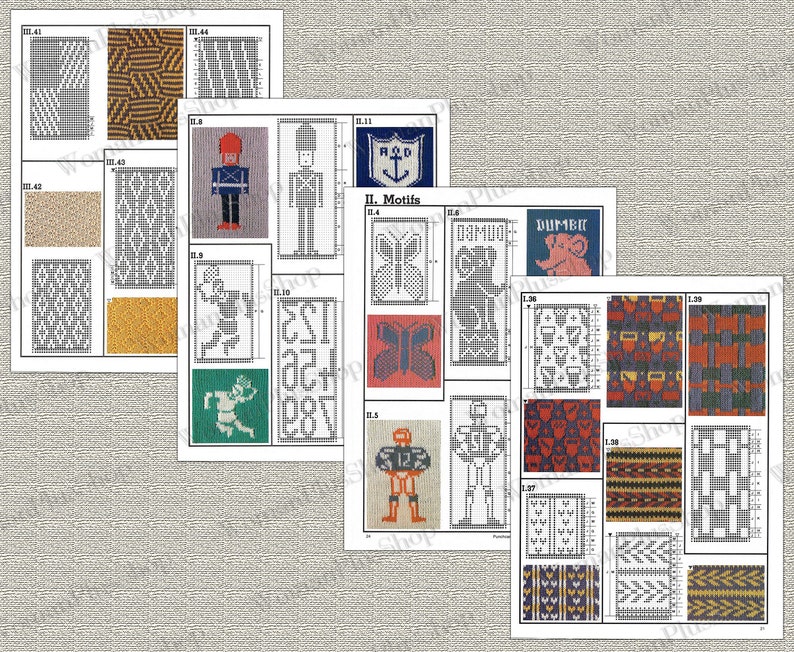 May include: A collection of knitting patterns featuring various motifs, including a butterfly, a soldier, a football player, and a ship. The patterns are presented in a grid format with numbers and letters for reference.