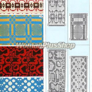 May include: Knitting patterns for various designs, including a geometric pattern with red, white, and brown colors, a blue and yellow checkered pattern, a red and black geometric pattern, and a blue and white pattern with white circles. The patterns are numbered 113, 114, 115, and 116.