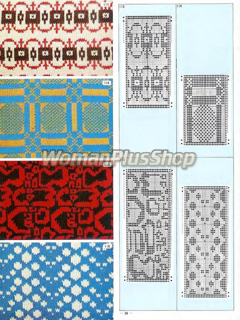 May include: Knitting patterns for various designs, including a geometric pattern with red, white, and brown colors, a blue and yellow checkered pattern, a red and black geometric pattern, and a blue and white pattern with white circles. The patterns are numbered 113, 114, 115, and 116.