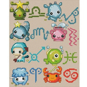All 12 Zodiac Signs Cross Stitch Pattern PDF | Cute Astrology Set | Kawaii Star Sign Embroidery Design Bundle | Modern DIY Instant Download