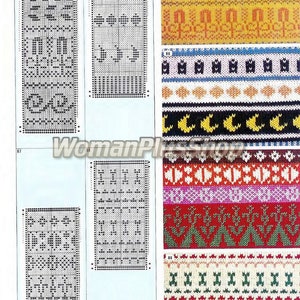 May include: A page from a knitting pattern book with black and white illustrations of knitting patterns. The page shows different knitting patterns with numbers 85, 86, and 87. The page also shows a variety of colorful knitted fabric samples.