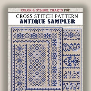 Puede incluir: Un patrón de punto de cruz titulado "Antique Sampler" con un diseño detallado en azul y beige. El patrón presenta motivos geométricos y florales, con el texto "Color & Symbol Charts PDF" en la parte superior.