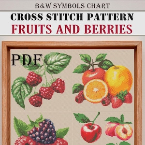 Fruits and Berries Cross Stitch Pattern PDF, 16 Easy Summer Designs, Modern Kitchen Embroidery, Fruit Sampler Chart, Instant Download