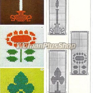 May include: Knitting pattern chart for a candle, flower, and tree. The chart is in black and white and shows the stitches for each design. The designs are numbered 31, 32, and 33.