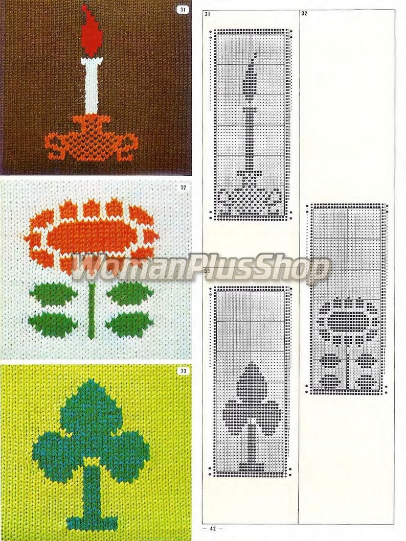 May include: Knitting pattern chart for a candle, flower, and tree. The chart is in black and white and shows the stitches for each design. The designs are numbered 31, 32, and 33.