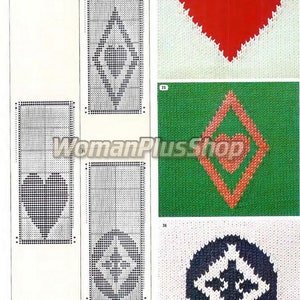 May include: Knitting pattern chart with instructions for creating different heart designs. The chart shows a red heart, a green diamond with a red heart inside, and a black and white circle with a diamond inside.