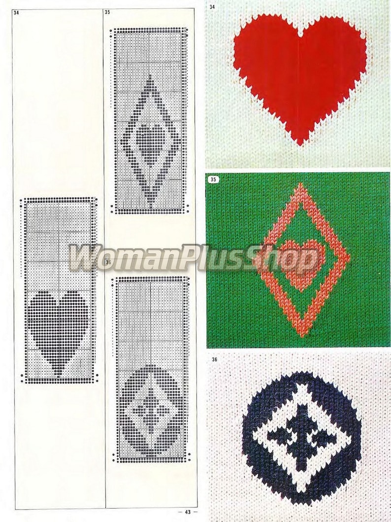 May include: Knitting pattern chart with instructions for creating different heart designs. The chart shows a red heart, a green diamond with a red heart inside, and a black and white circle with a diamond inside.