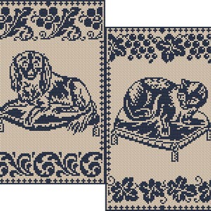 May include: Two cross-stitch patterns featuring animals. One shows a lion, the other a cat, both in navy blue on a beige background. Each design is framed with floral and scroll borders, creating a vintage aesthetic.