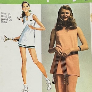 May include: A sewing pattern for a two-piece outfit. The pattern includes a sleeveless top with a keyhole neckline and a pair of wide-legged pants. The pattern is for size 16, bust 38, waist 29, and is for misses. The pattern is called "Super Jiffy" and has one main pattern piece.