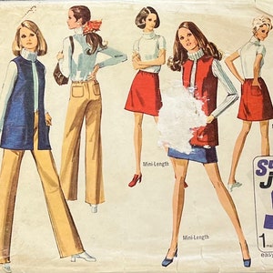 May include: A vintage sewing pattern for a mini-length skirt and a vest. The pattern is called "Super Jiffy" and features four different styles of clothing. The pattern is for a size 1.