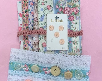 Vintage Pink Floral Cotton Fabric Bundle, Lace, Buttons