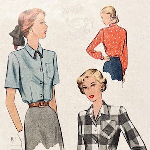 May include: A vintage illustration of three women wearing different blouses. The first blouse is light blue with a black bow tie and a pocket. The second blouse is red with white polka dots. The third blouse is black and white plaid with a pocket.