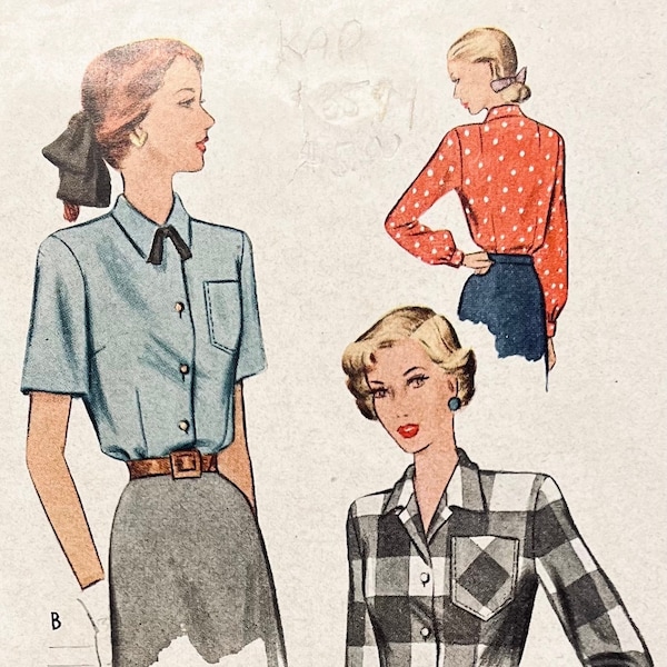 Vintage 1948 McCall's 7277 Misses Shirt Blouse Pattern with Wing or Bow Collar & Sleeve Variations Sewing Pattern/UNCUTSize 12 Bust 30" FF