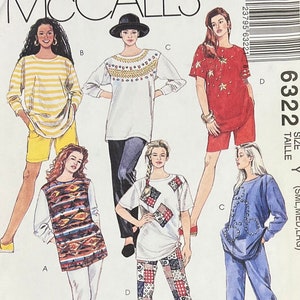 May include: A sewing pattern for tops and bottoms with a variety of styles. The pattern includes a striped top, a white top with a colorful design, a red top with stars, a patterned top with a tie, and a blue top with a beaded design. The pattern is for sizes S, M, L, and includes instructions for sewing.