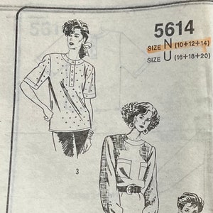 May include: A sewing pattern for a blouse with three different styles. The pattern is for sizes 10-14 and 16-20. The pattern is called 5614.