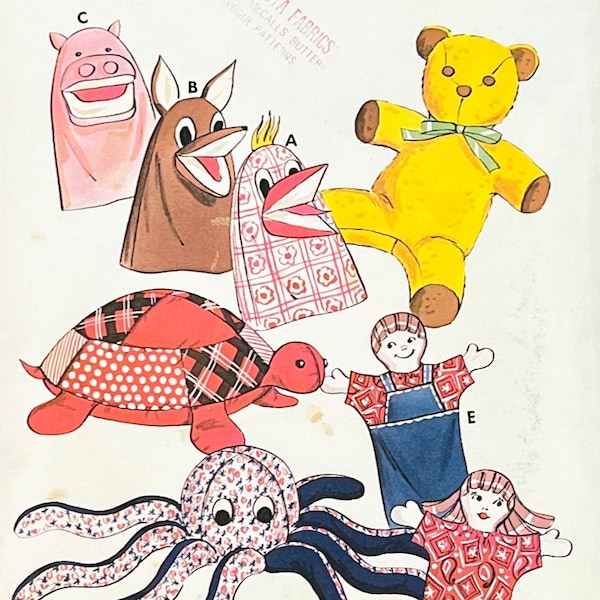 Kwik Sew 613/70's Stuffed Animals and Puppets 27" Teddy Bear, 36" Octopus, 19" Turtle/Boy & Girl Bird, Wolf, Hippo Puppets /Teddy Bear/Cut