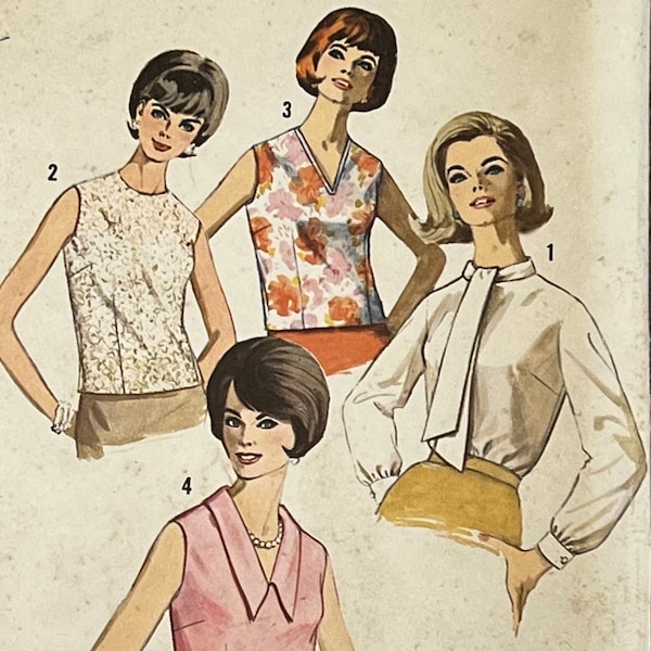 Vintage 1960's Simplicity 5441 Misses Blouse with Collar and Neckline Variations/Back Blouse/SIZE 14/Partially Cut/Counted/Complete/OOP/1964