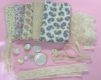 Vintage Cotton Fabric Bundle: Low Volume Prints, Lace, Buttons