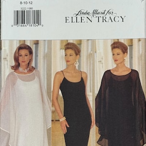 May include: A sewing pattern featuring three women's dresses. The dresses include a white dress with a sheer overlay, a black spaghetti strap dress, and a black dress with a sheer cape. The pattern is from Linda Allard for Ellen Tracy.